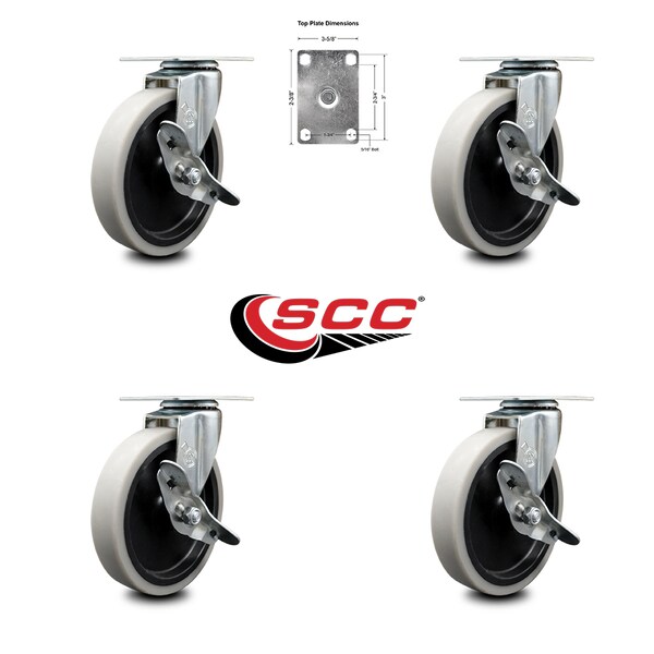 5 Inch Thermoplastic Wheel Top Plate Caster Set with Brakes SCC, 4PK